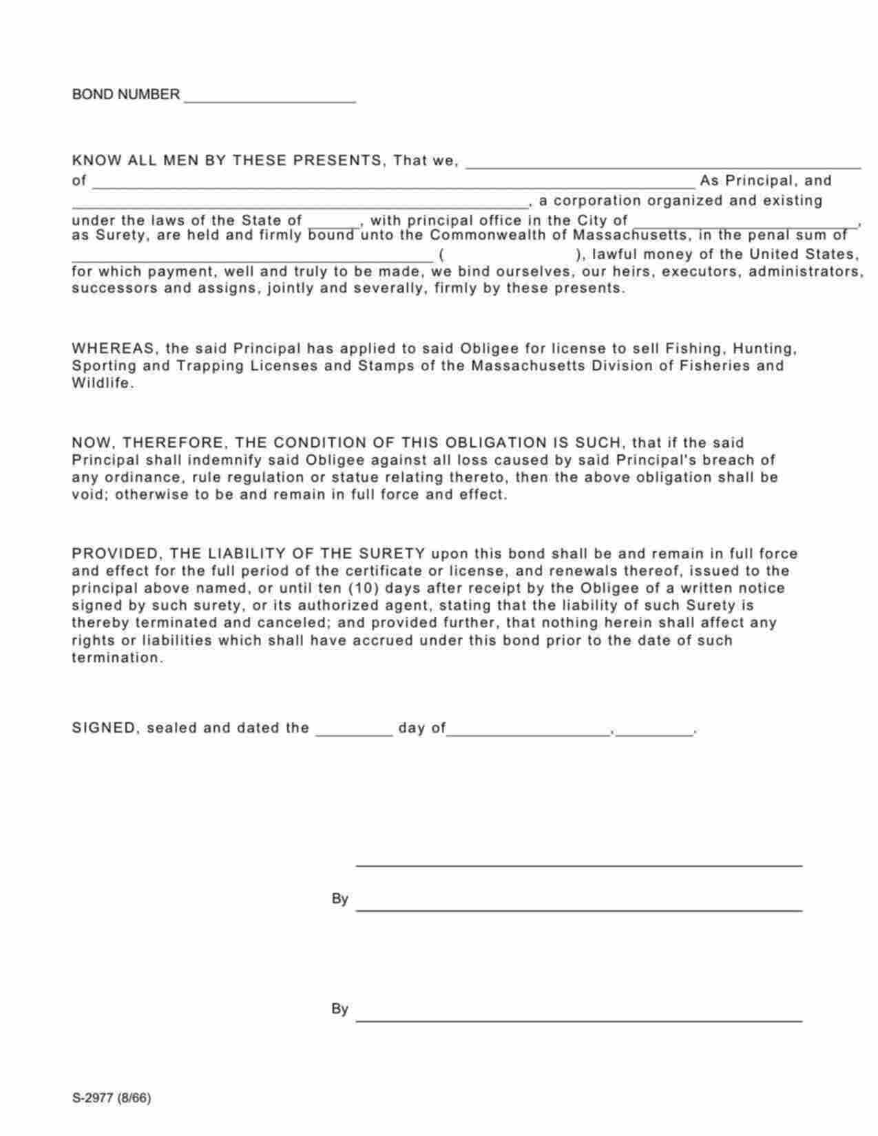 Massachusetts Hunting/Fishing/Trapping/Sporting License Agent Bond Form