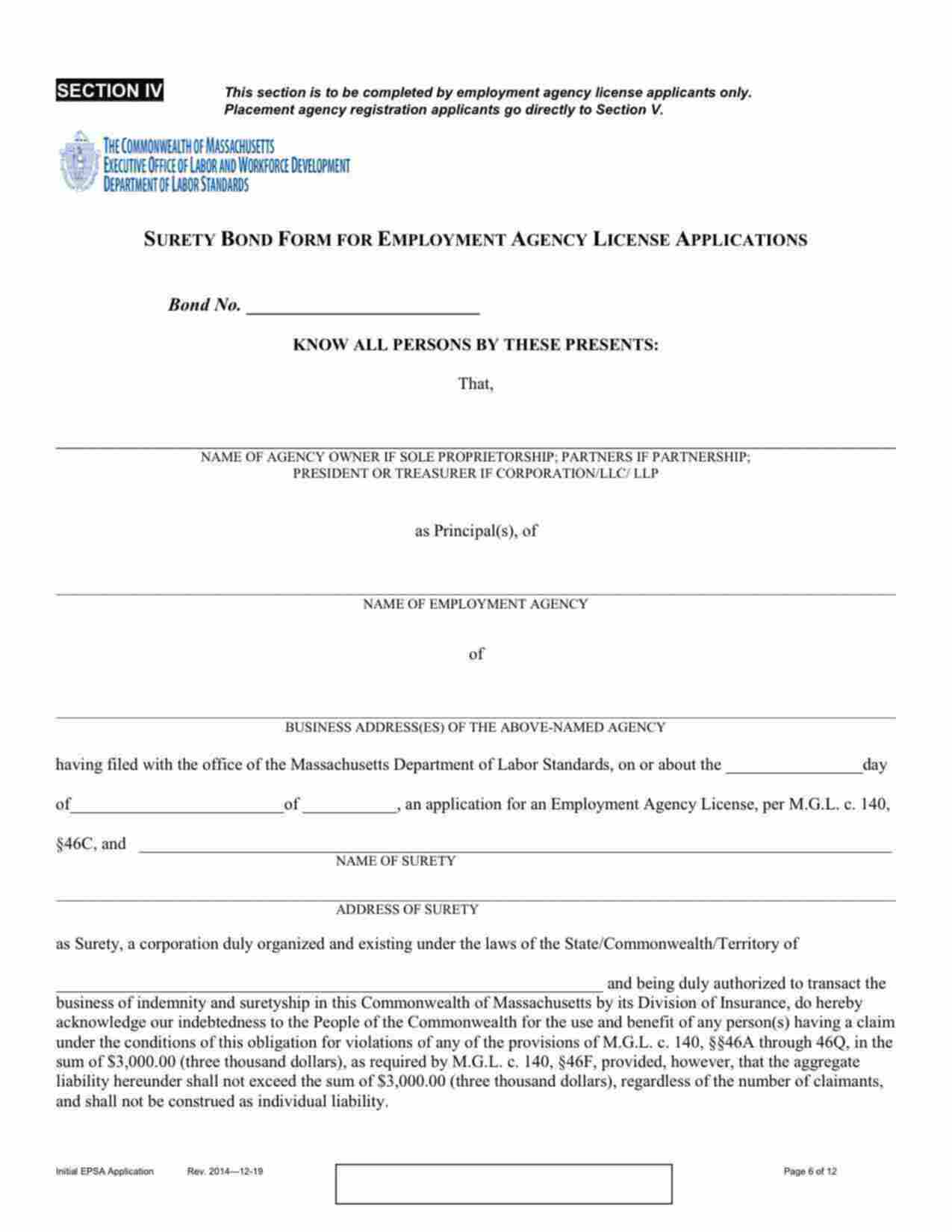 Massachusetts Employment Agency License Bond Form