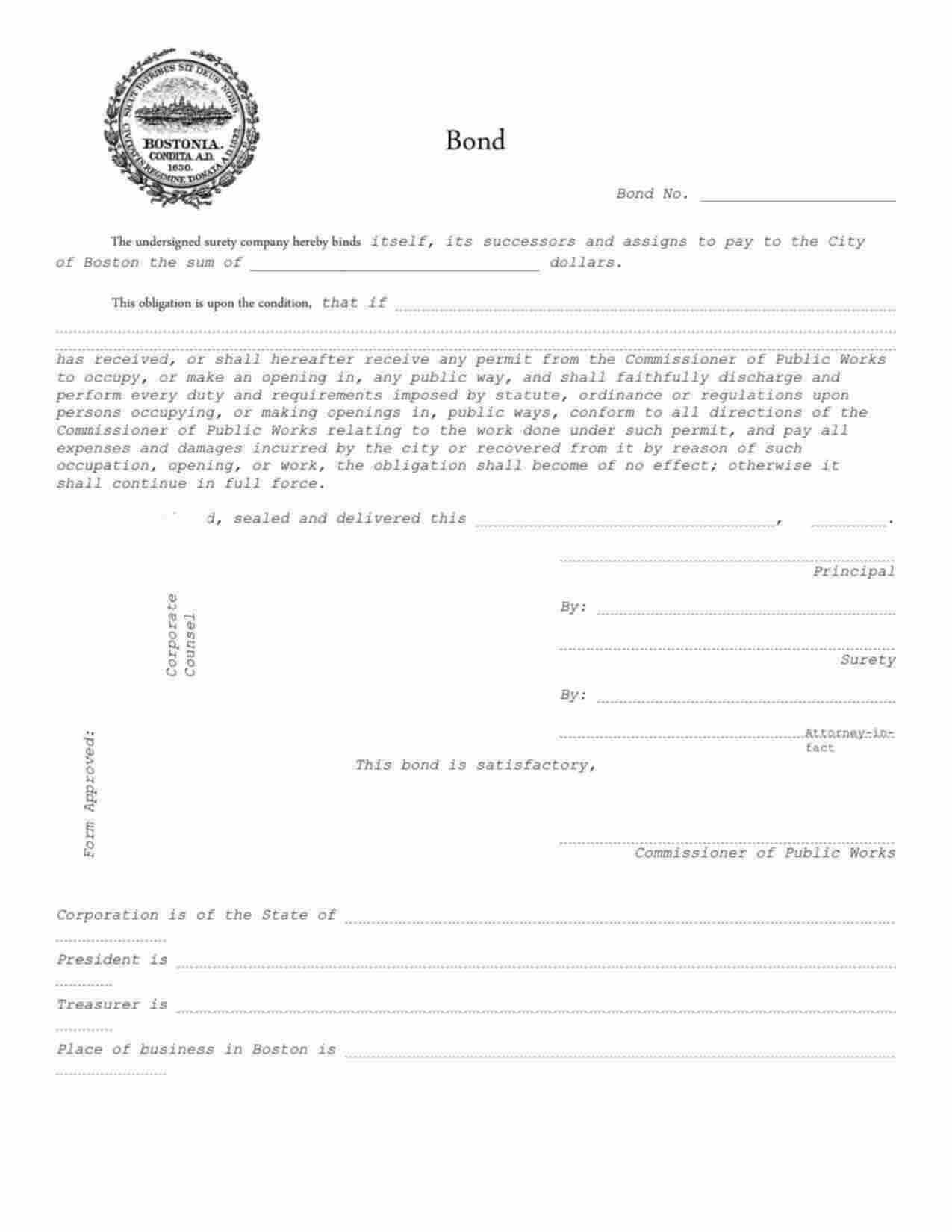 Massachusetts Street Obstruction Bond Form