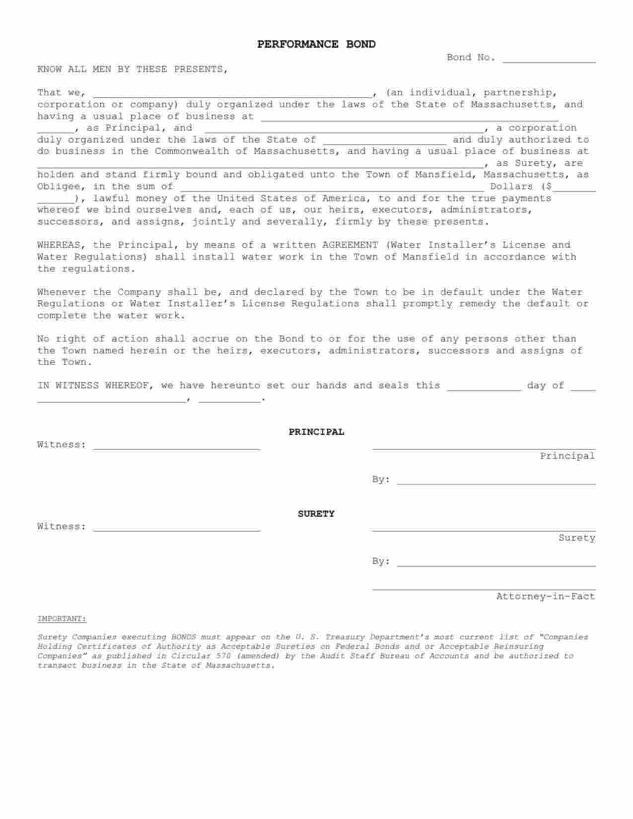 Massachusetts Water Installer Bond Form