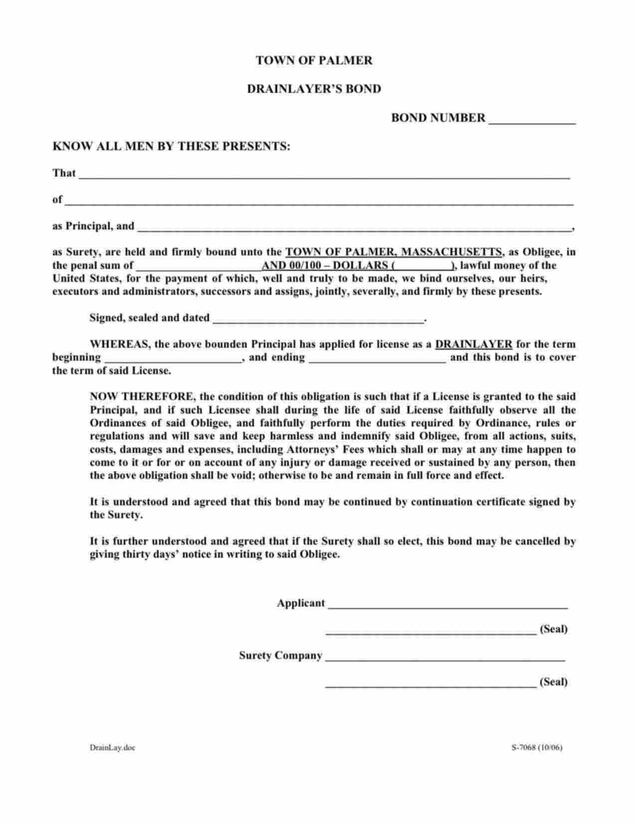 Massachusetts Drain Layer Bond Form