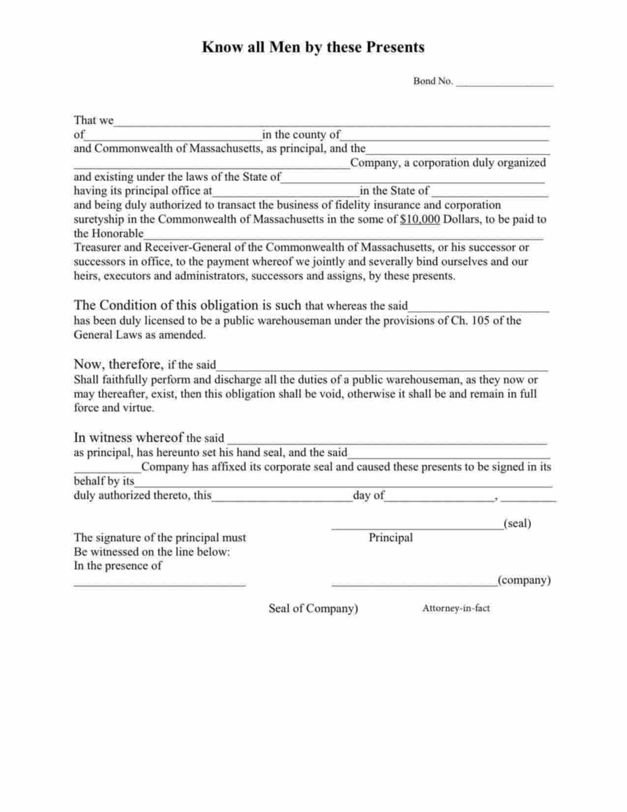 Massachusetts Public Warehouseman Bond Form