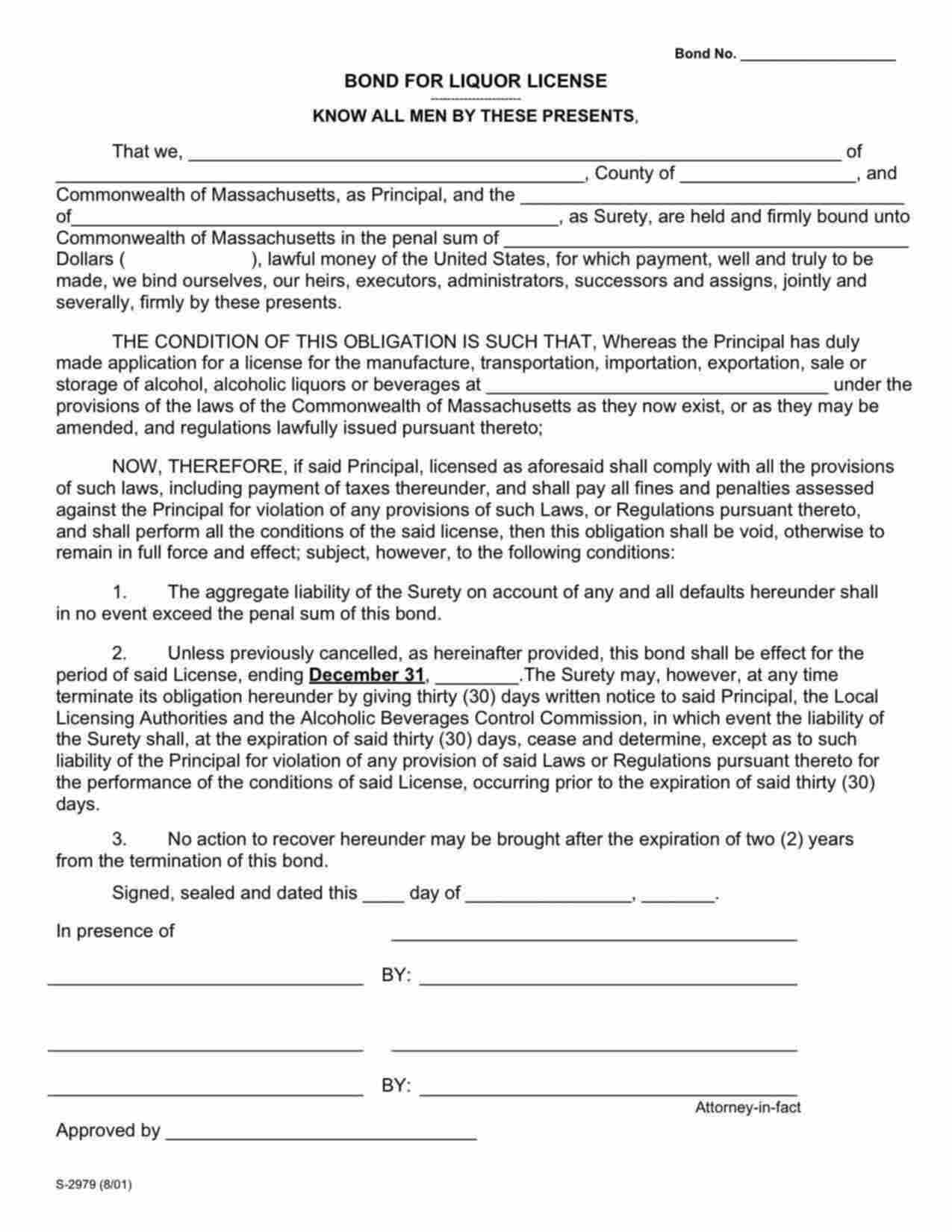 Massachusetts Liquor License Bond Form