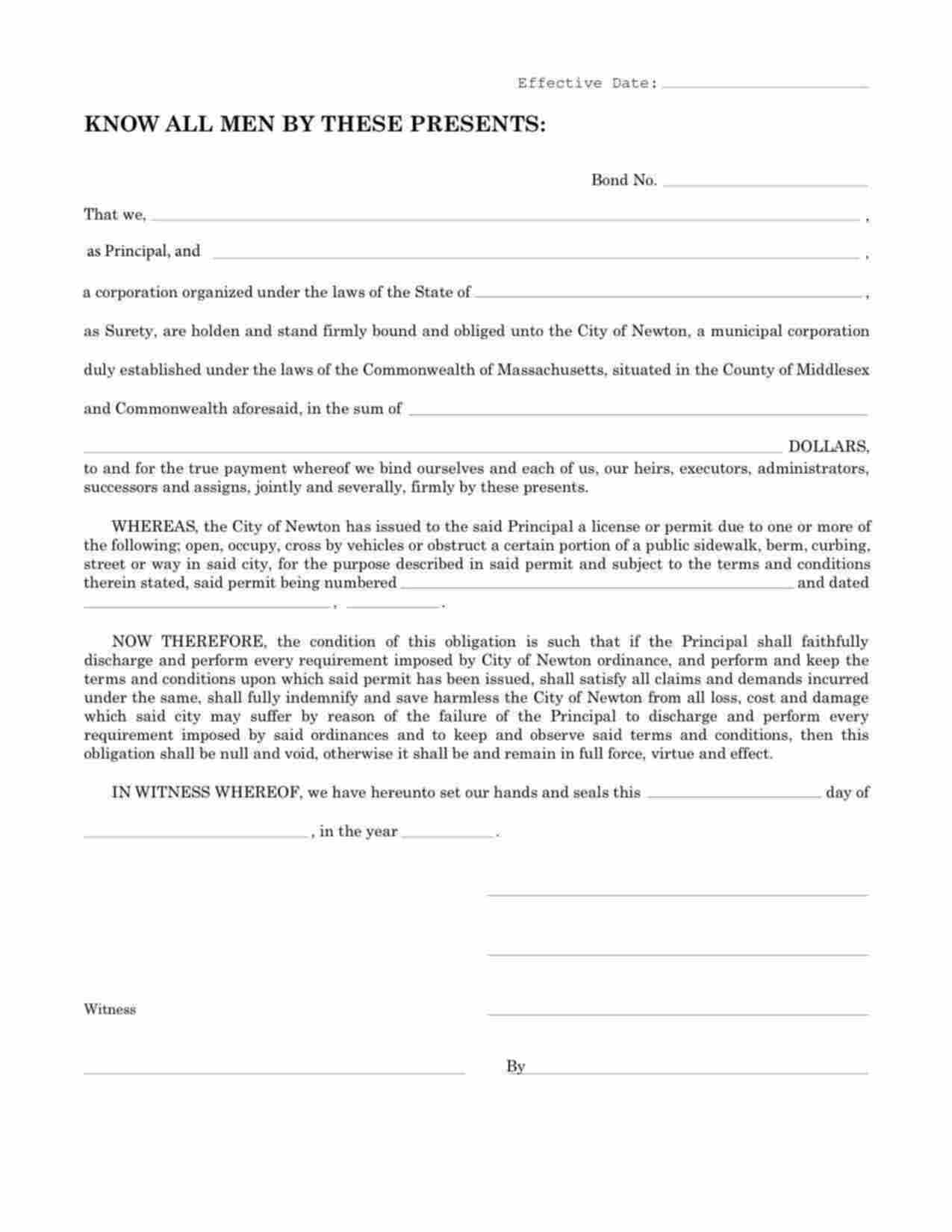 Massachusetts Sidewalk/Street Permit Bond Form