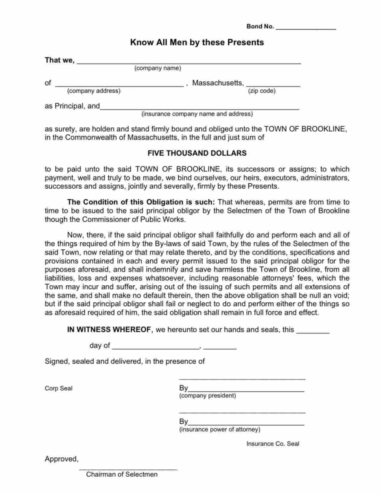 Massachusetts Public Works Permit Bond Form