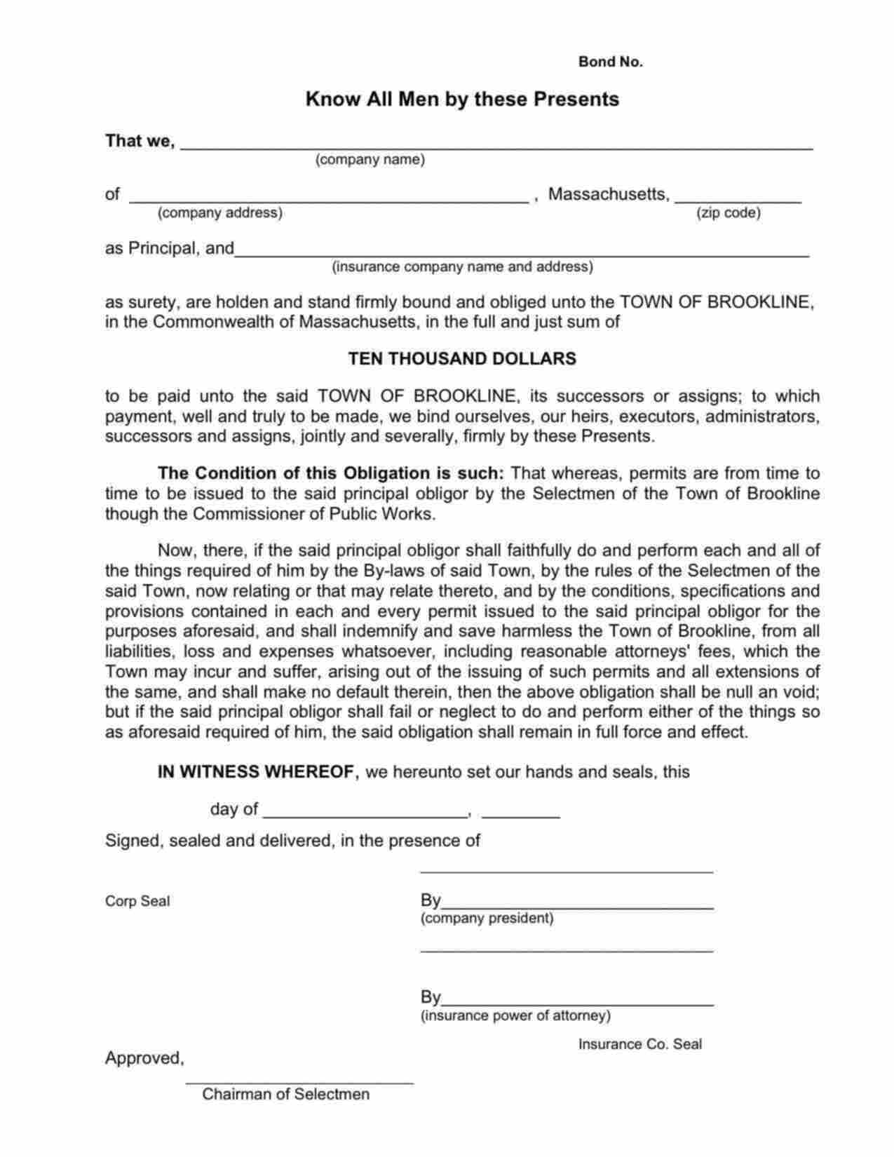 Massachusetts Public Works Permit Bond Form