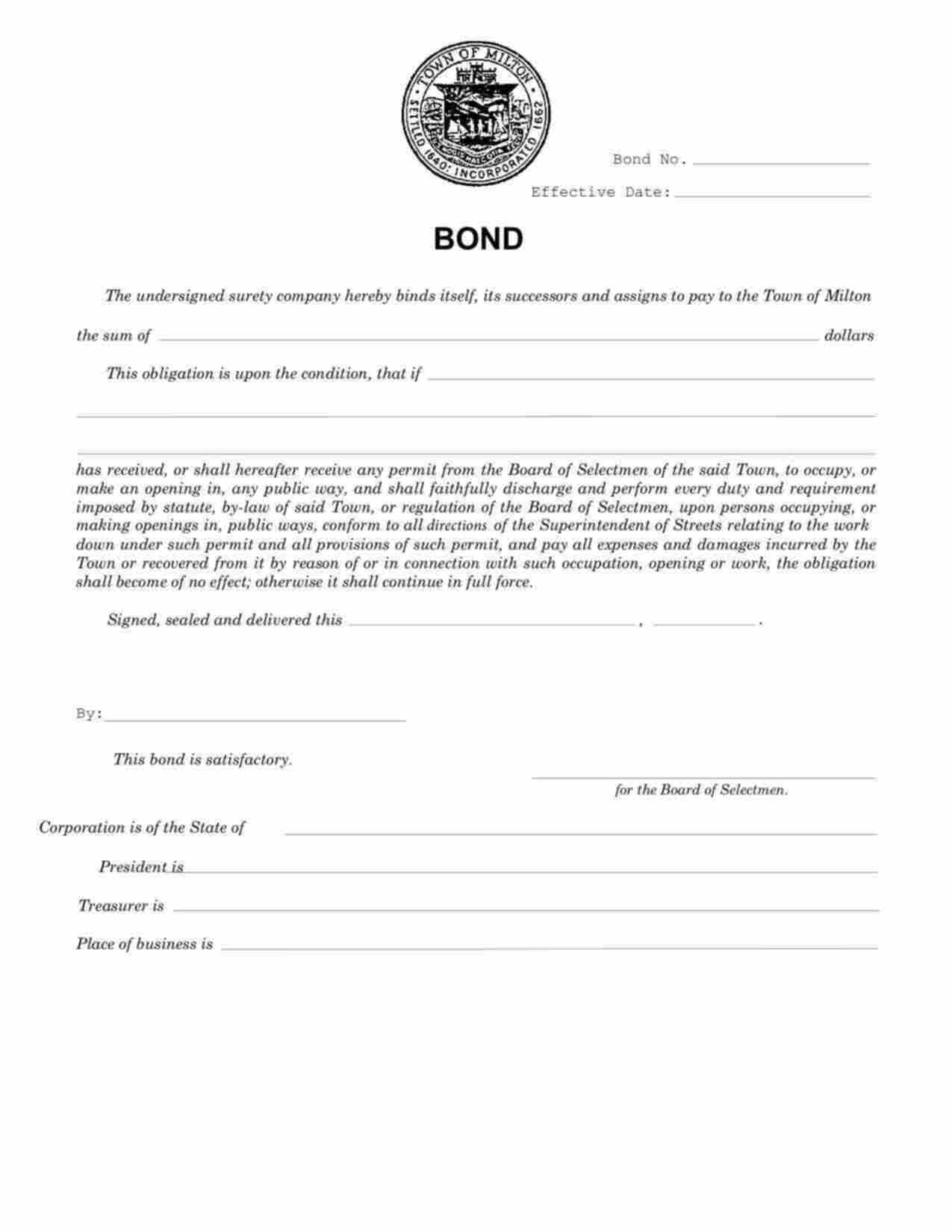 Massachusetts Street Opening Permit Bond Form