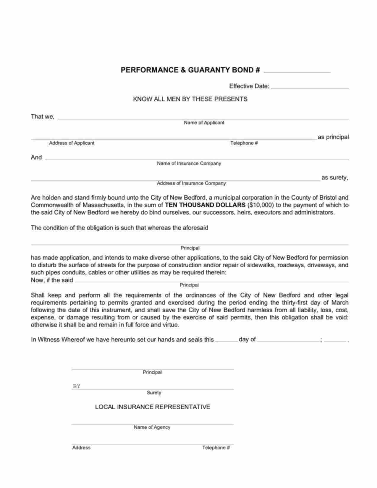 Massachusetts Contractor Performance & Guaranty Bond Form