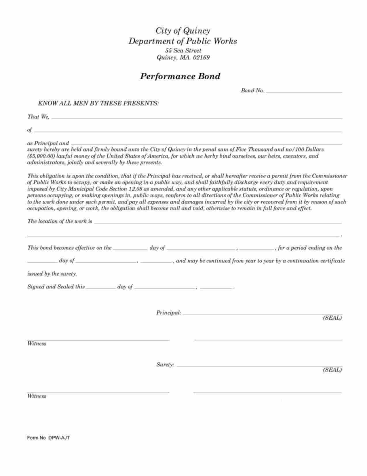 Massachusetts Contractor Performance Bond Form