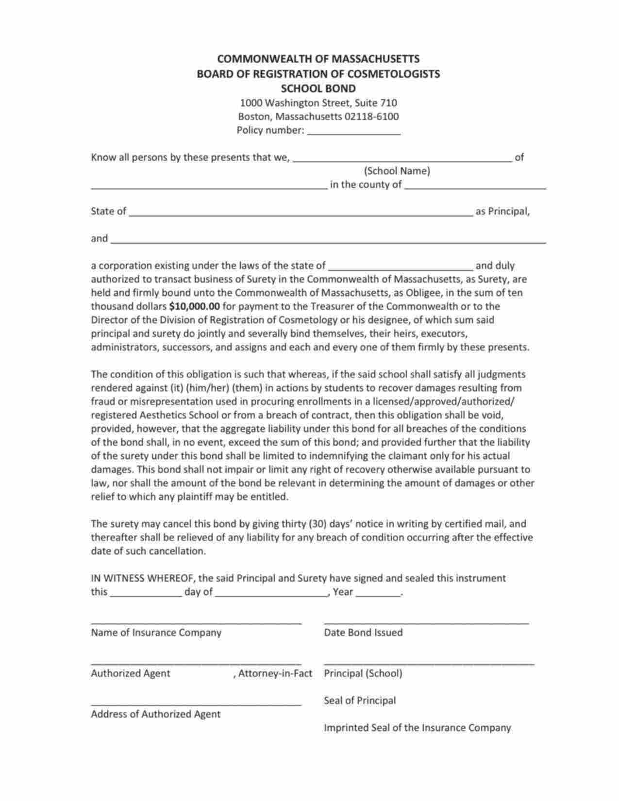 Massachusetts Cosmetology School Bond Form