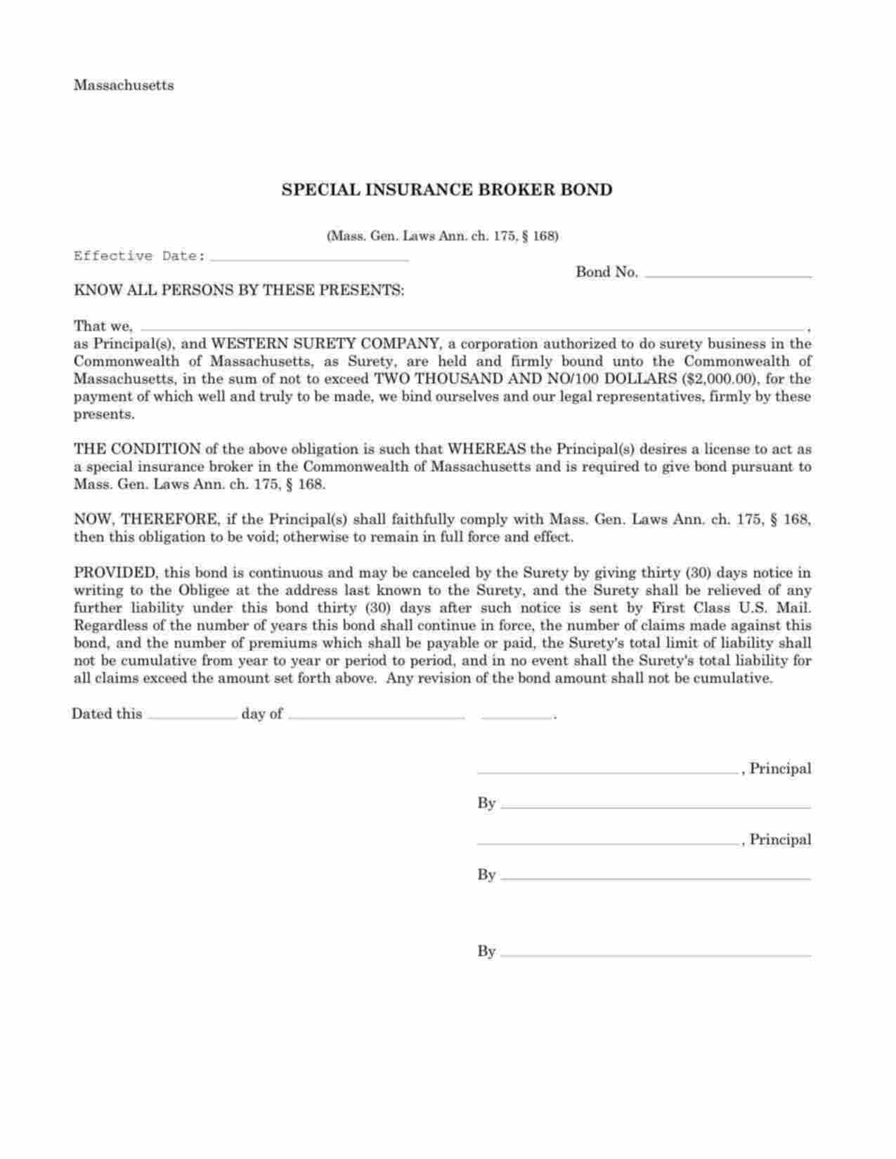 Massachusetts Special Insurance Broker Bond Form