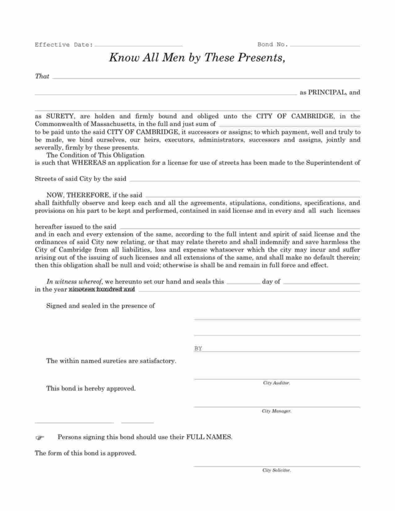 Massachusetts Use of Streets License Bond Form