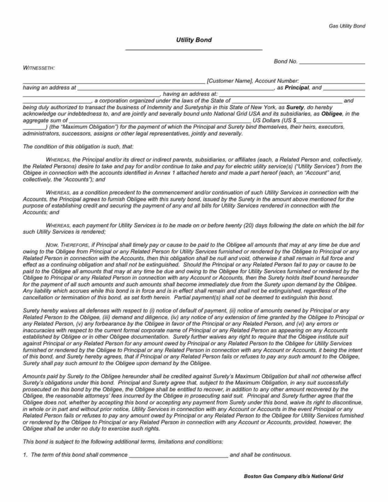 Massachusetts Utility Deposit Bond Form