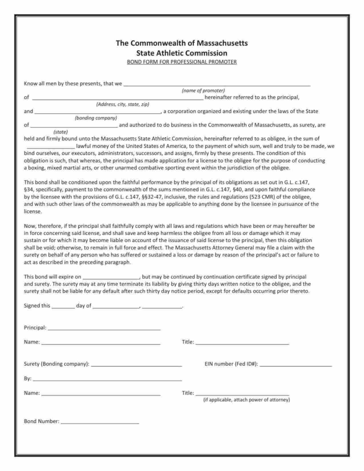 Massachusetts Professional Promoter Bond Form