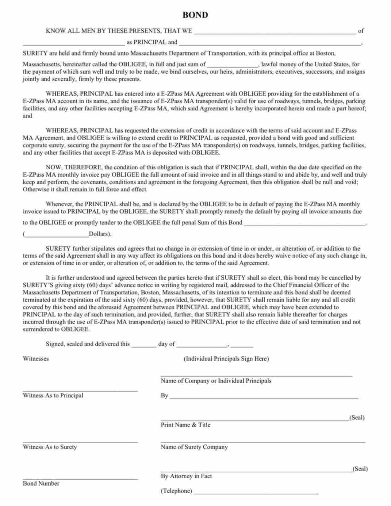 Massachusetts E-Z Pass MA Agreement Bond Form