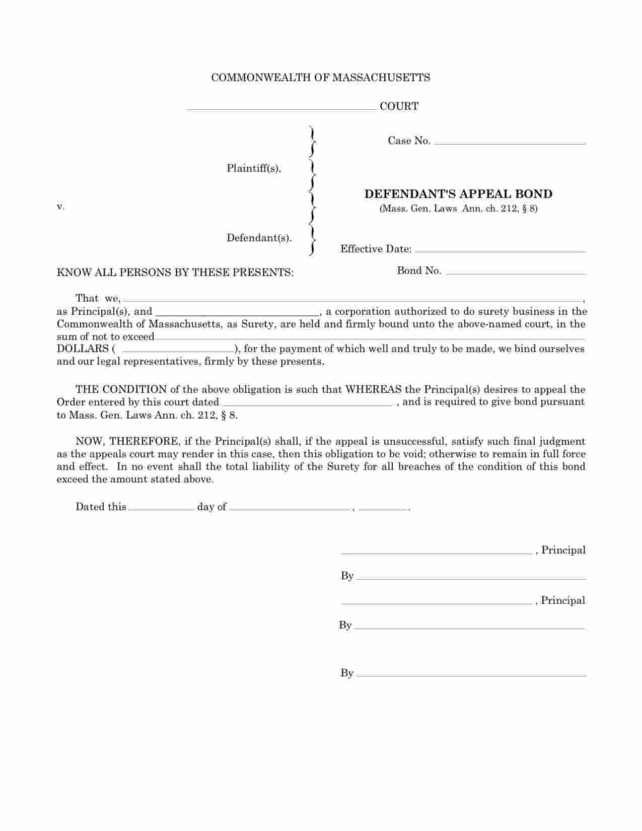 Massachusetts Defendants Appeal Bond Form