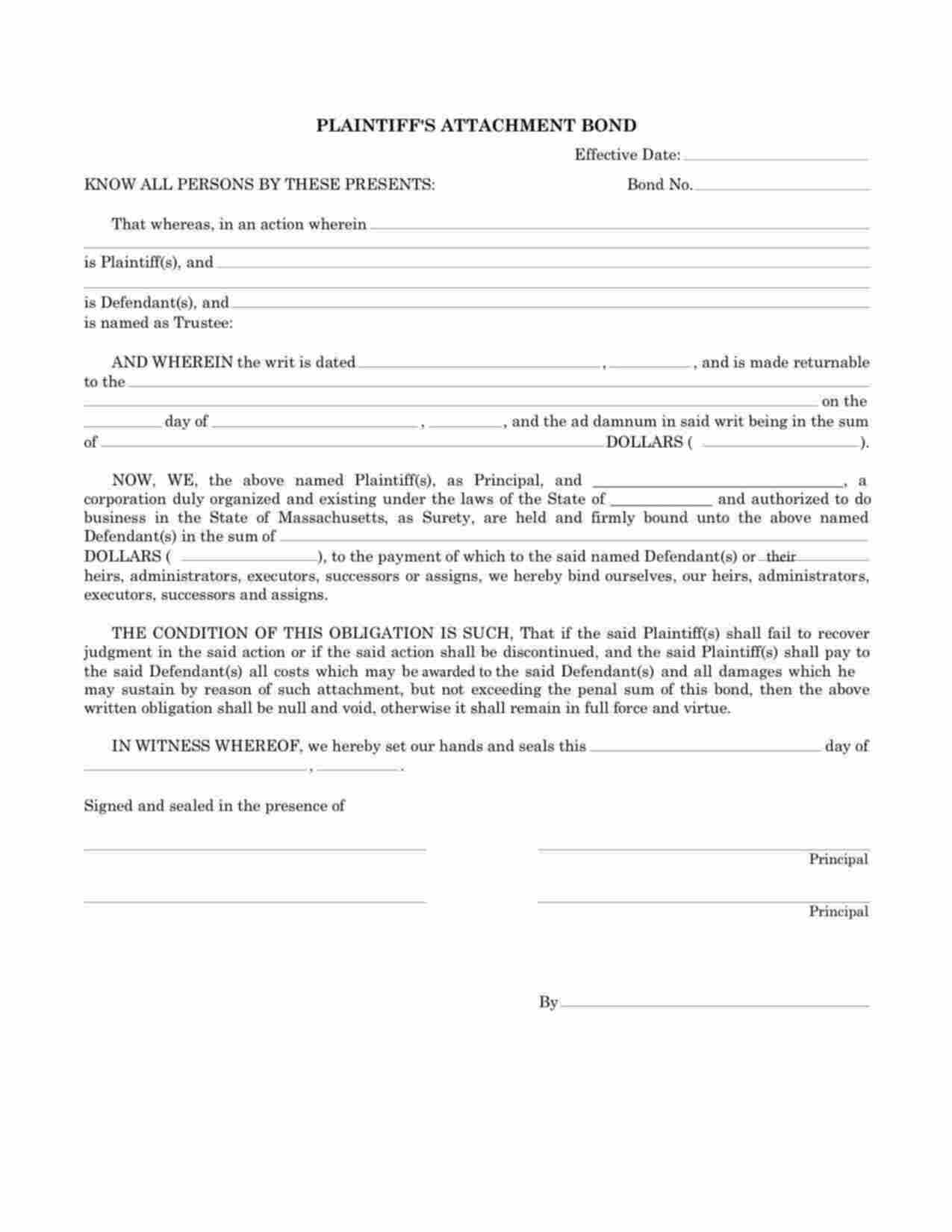 Massachusetts Plaintiffs Attachment Bond Form