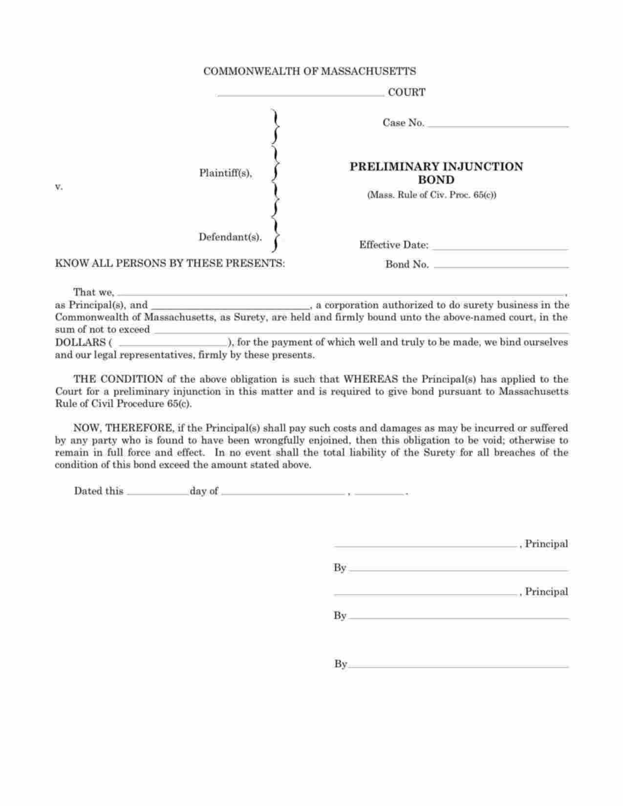 Massachusetts Preliminary Injunction Bond Form