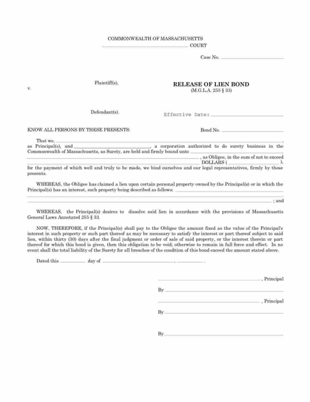 Massachusetts Release of Lien Bond Form
