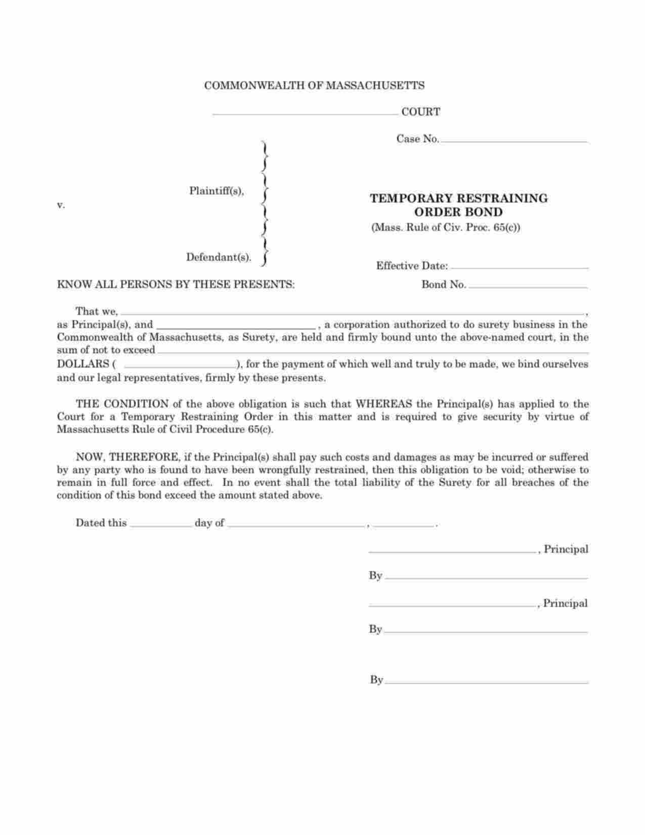 Massachusetts Temporary Restraining Order Bond Form