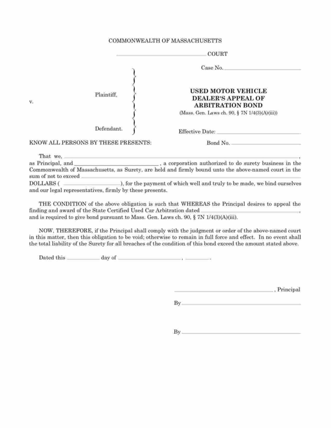 Massachusetts Appeal of Arbitration - Used Motor Vehicle Dealer Bond Form
