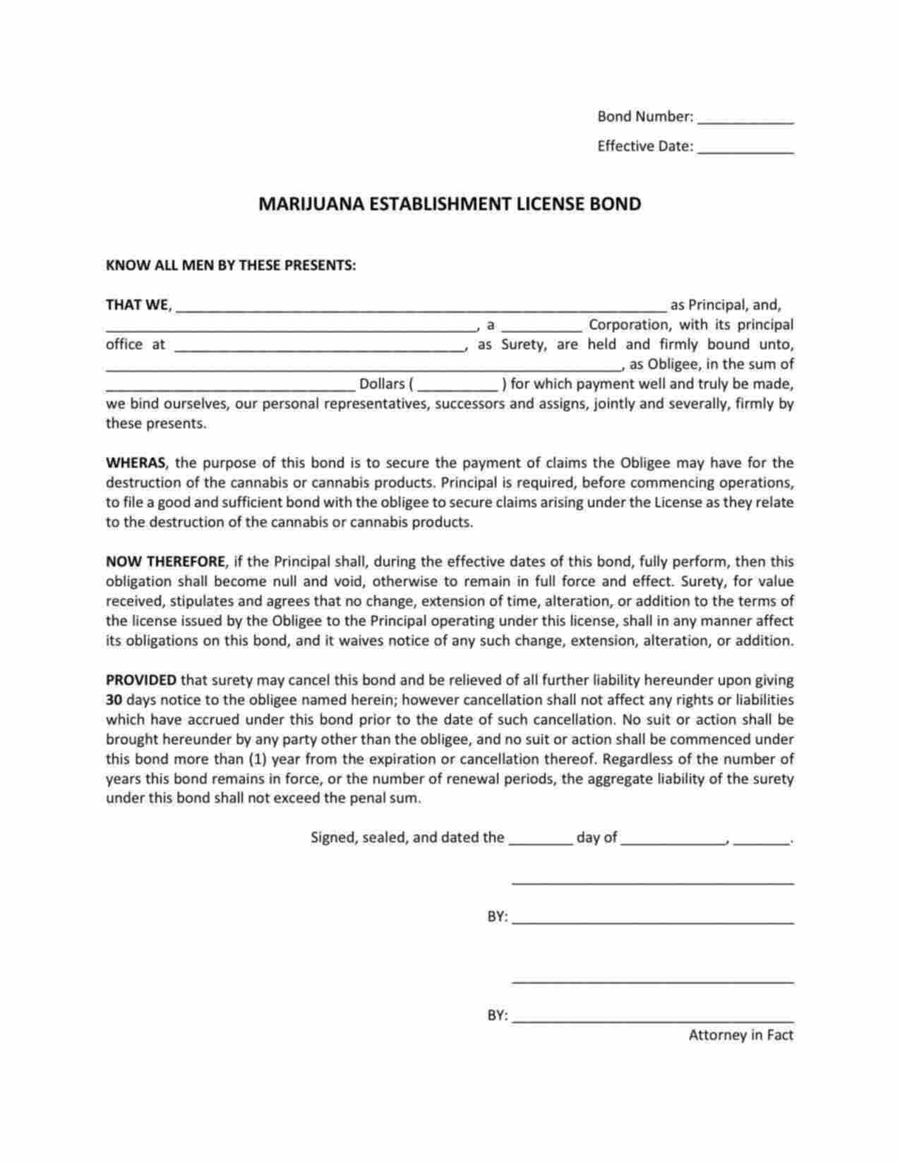 Massachusetts Marijuana Establishment License Bond Form