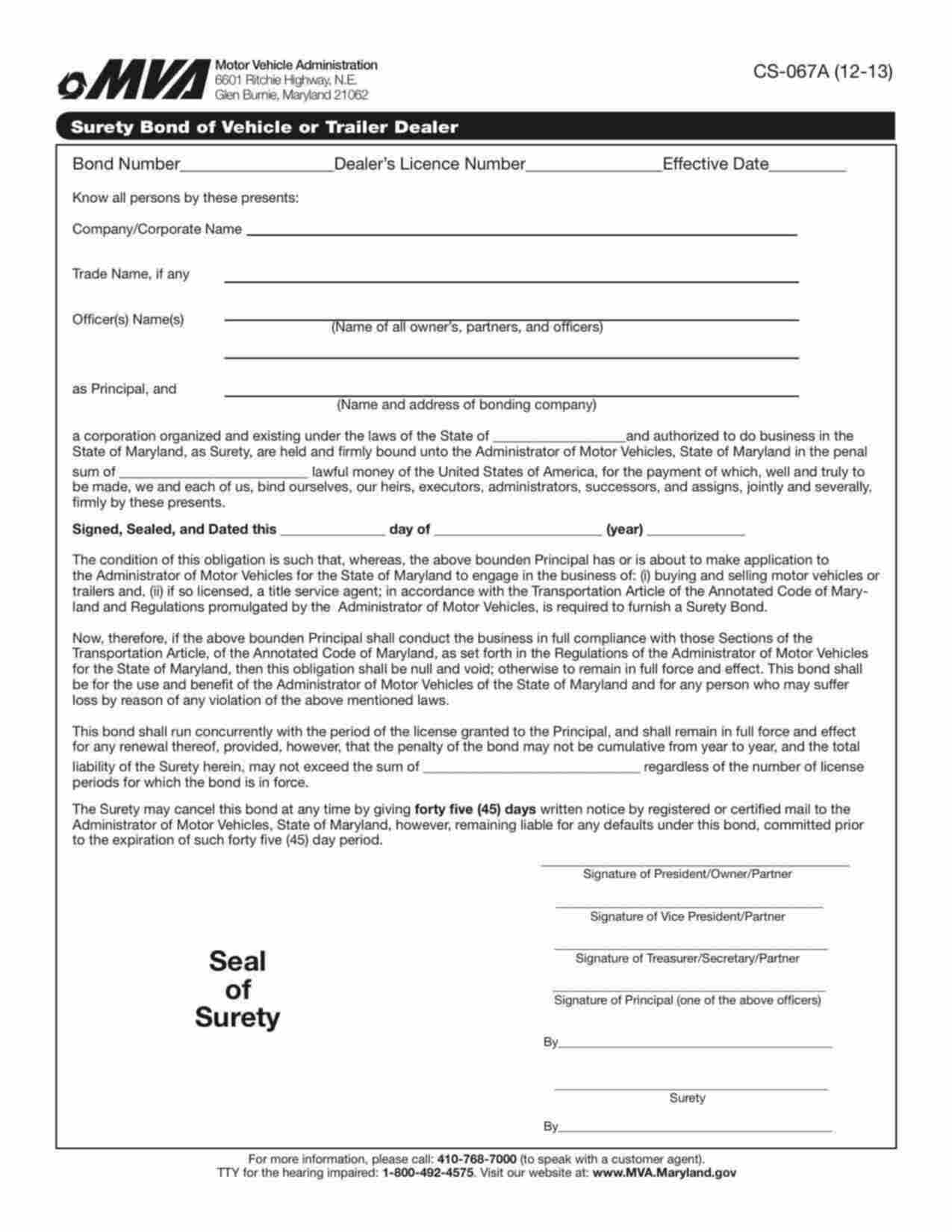 Maryland Motor Vehicle or Trailer Dealer Bond Form