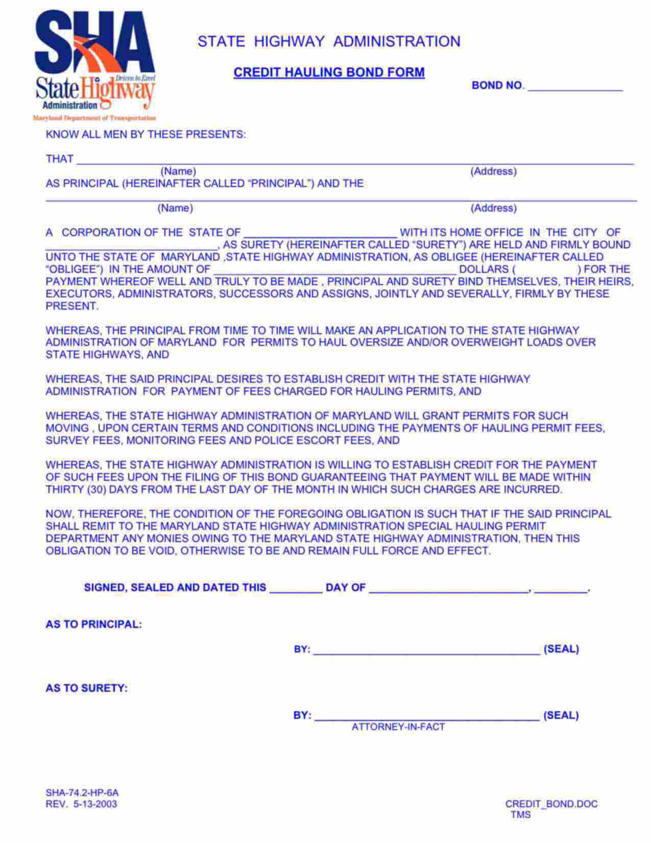 Maryland Credit Hauling Bond Form