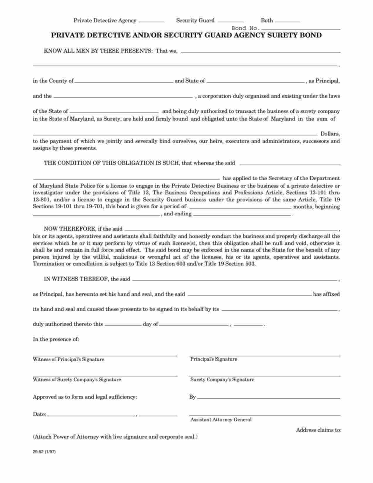 Maryland Private Detective AND Security Guard Agency Bond Form