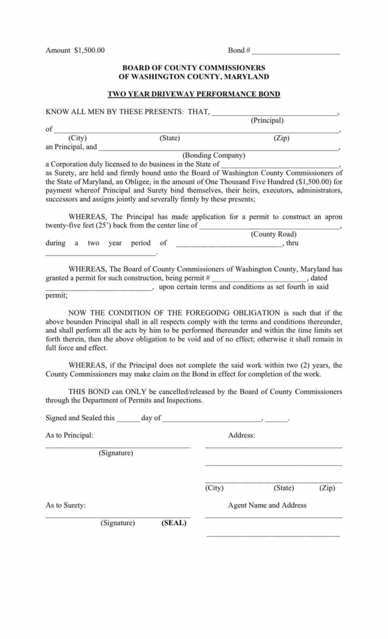 Maryland Two Year Driveway Performance Bond Form