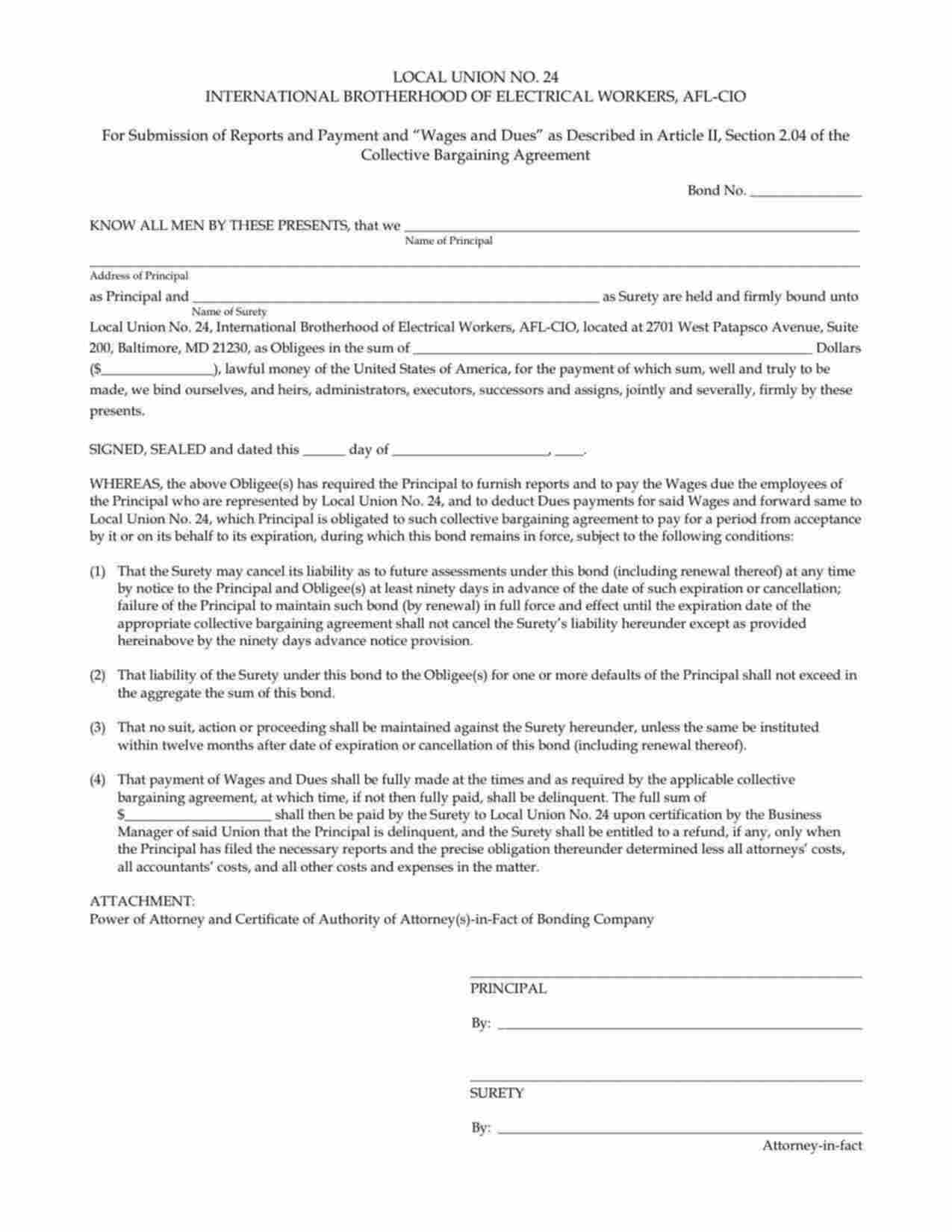 Maryland Wages and Dues Bond Form