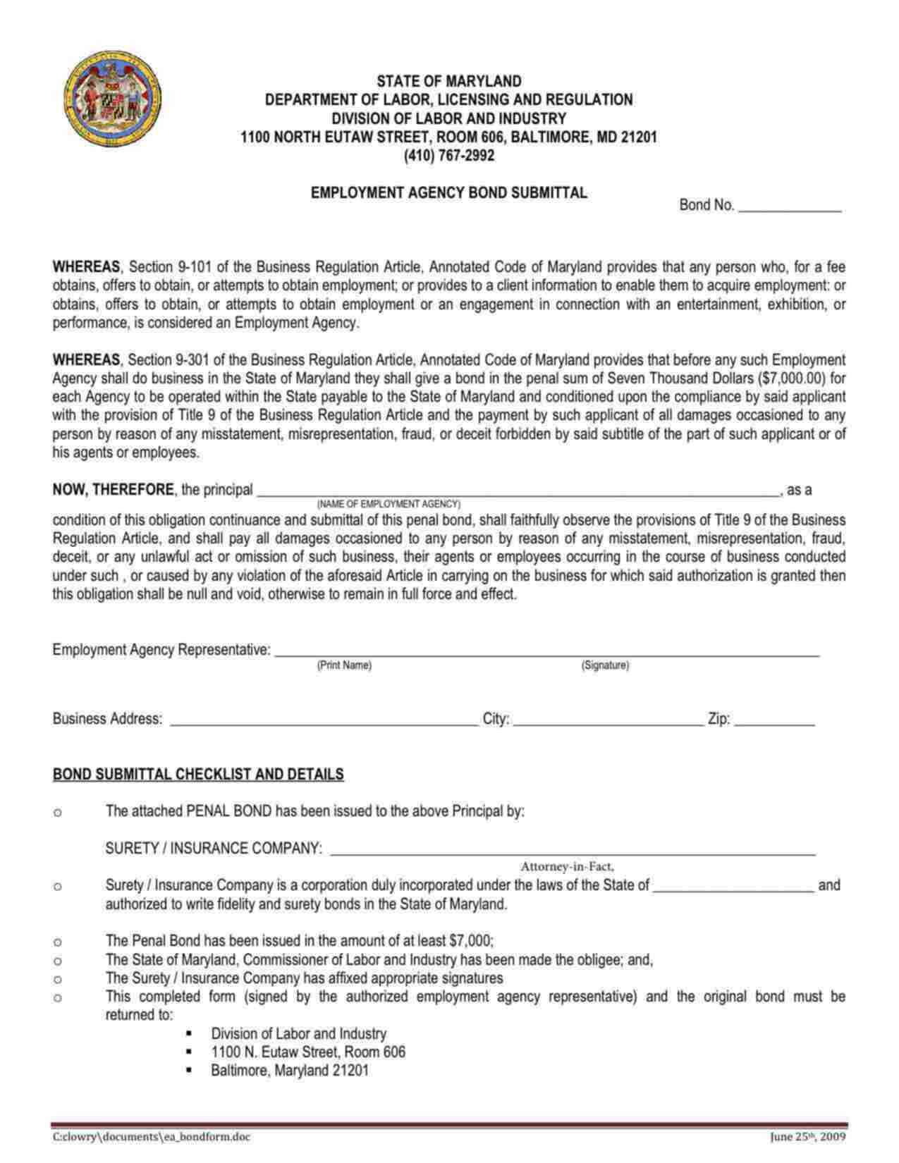 Maryland Employment Agency Bond Form