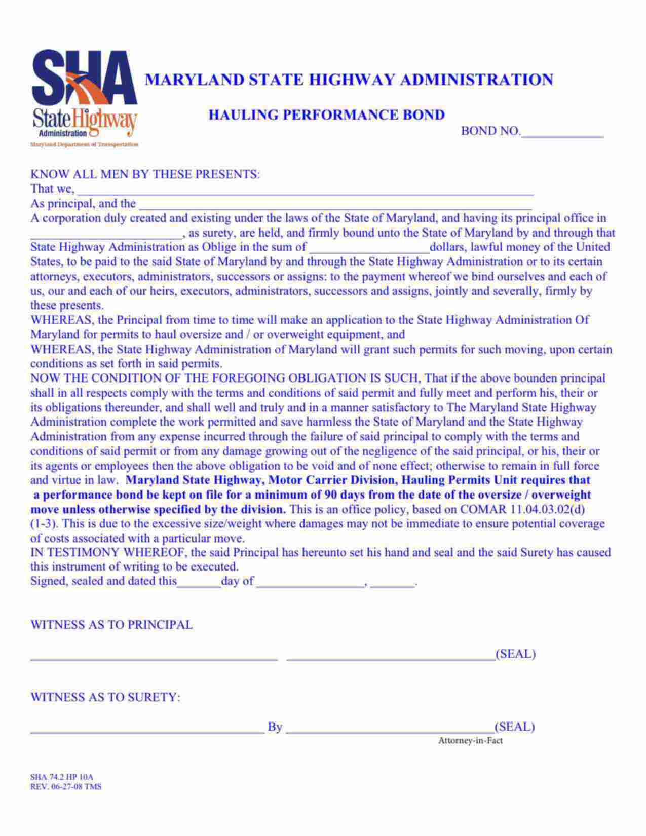 Maryland Hauling Performance Bond Form