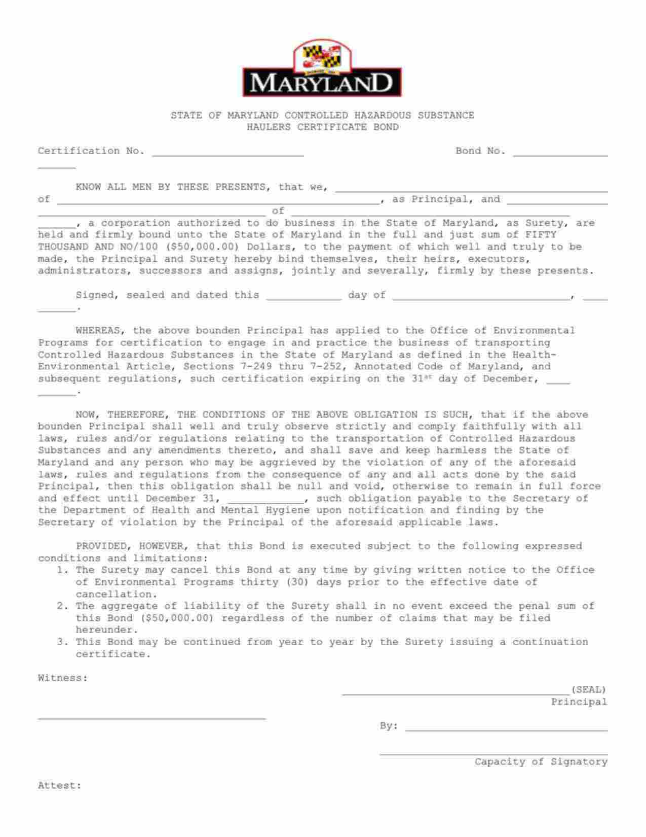 Maryland Hazardous Substance Hauler Bond Form