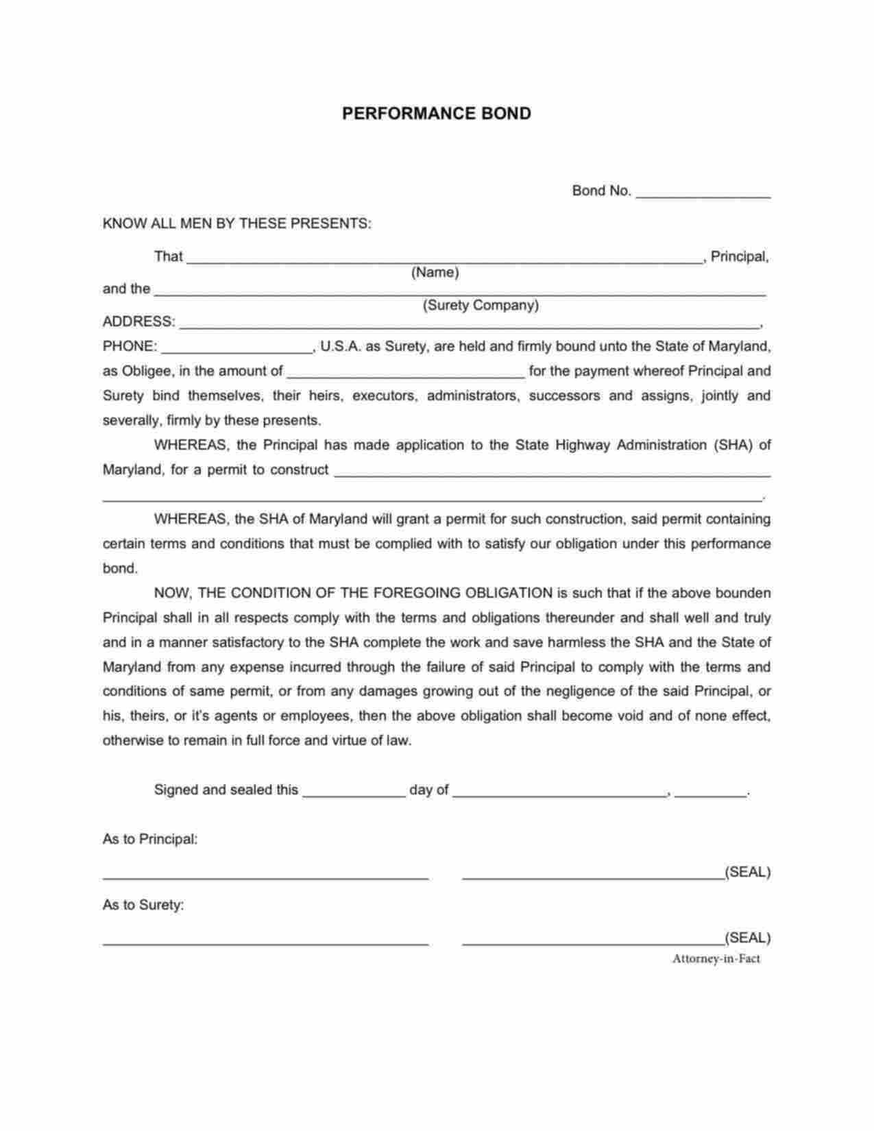 Maryland Highway Permit Performance Bond Form