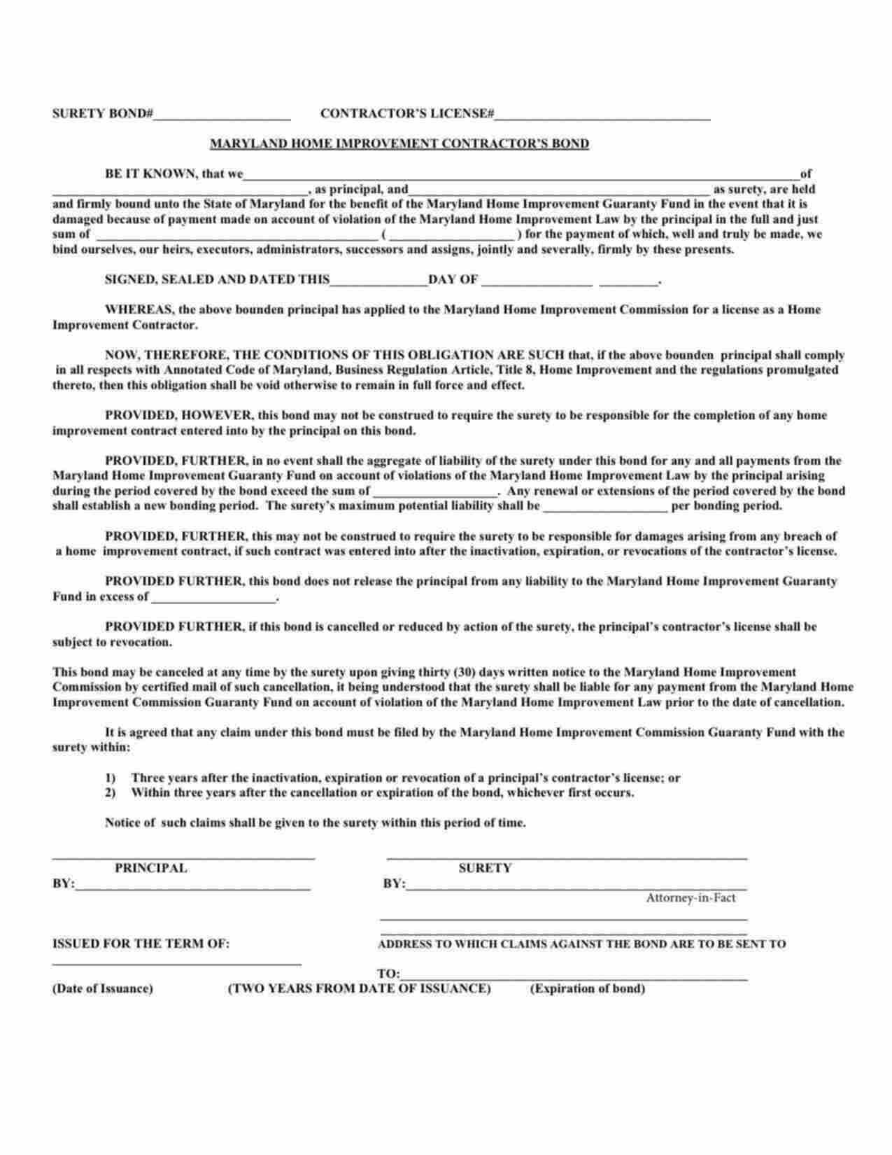 Maryland Home Improvement Contractor Bond Form