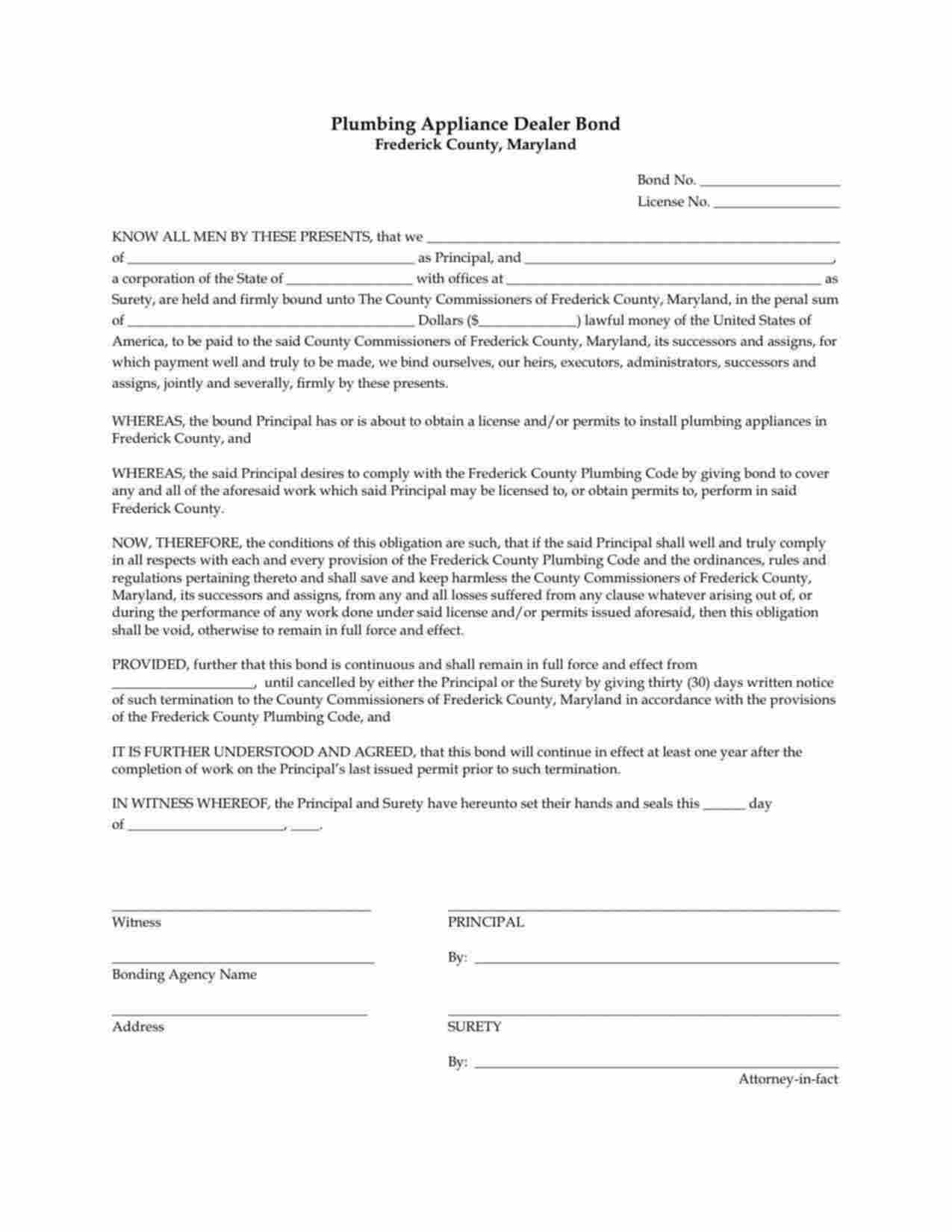 Maryland Plumbing Appliance Dealer Bond Form