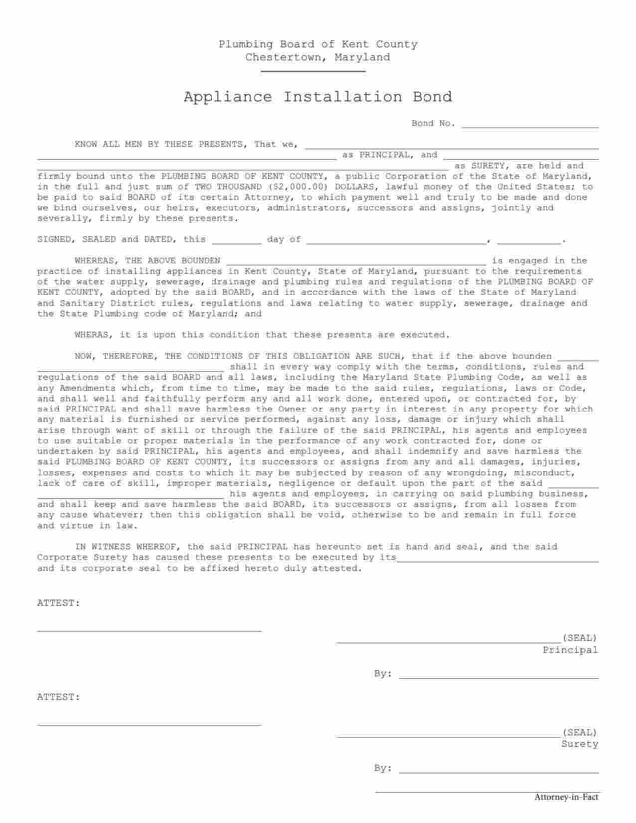 Maryland Appliance Installation Bond Form