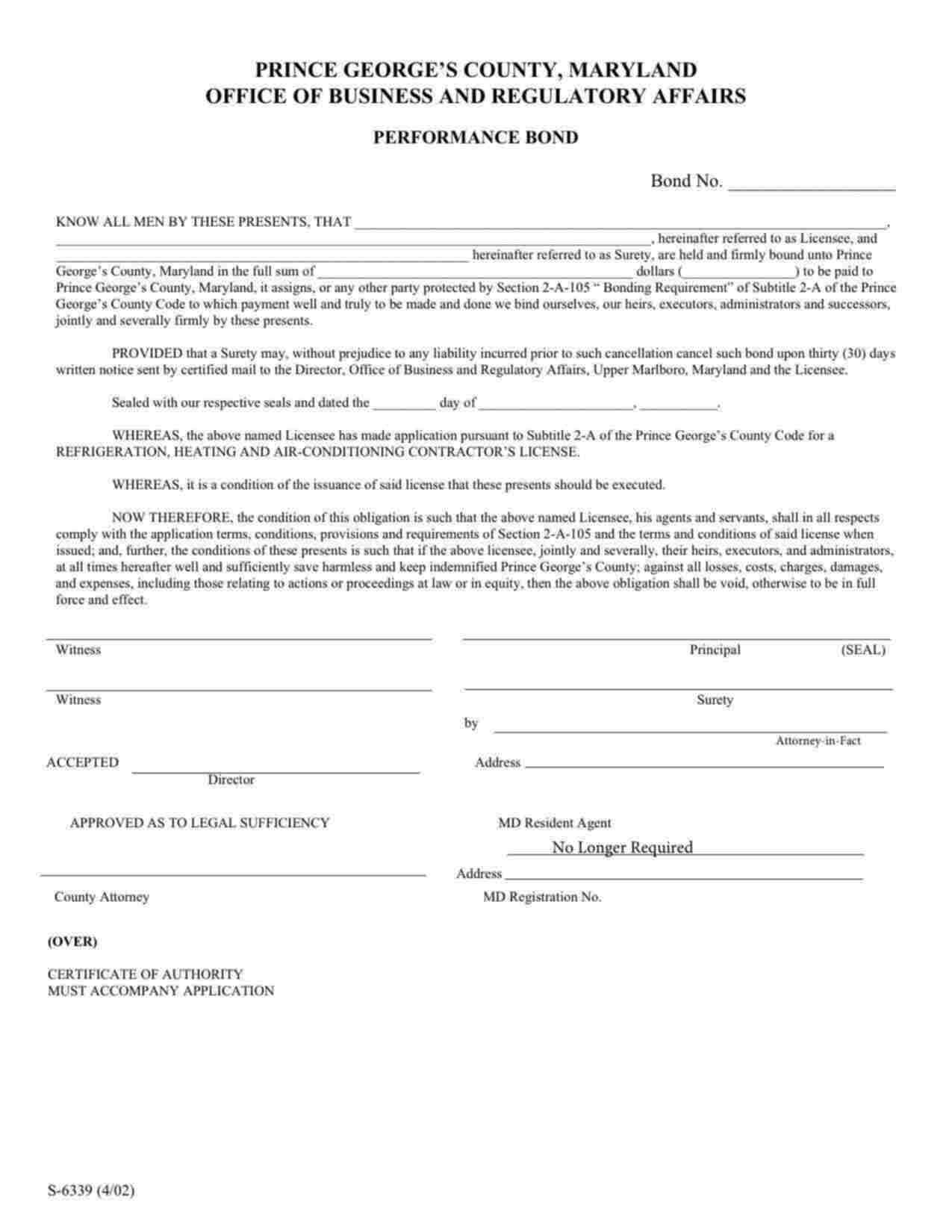 Maryland Refrigeration, Heating and Air-Conditioning (HVAC) Contractor Bond Form