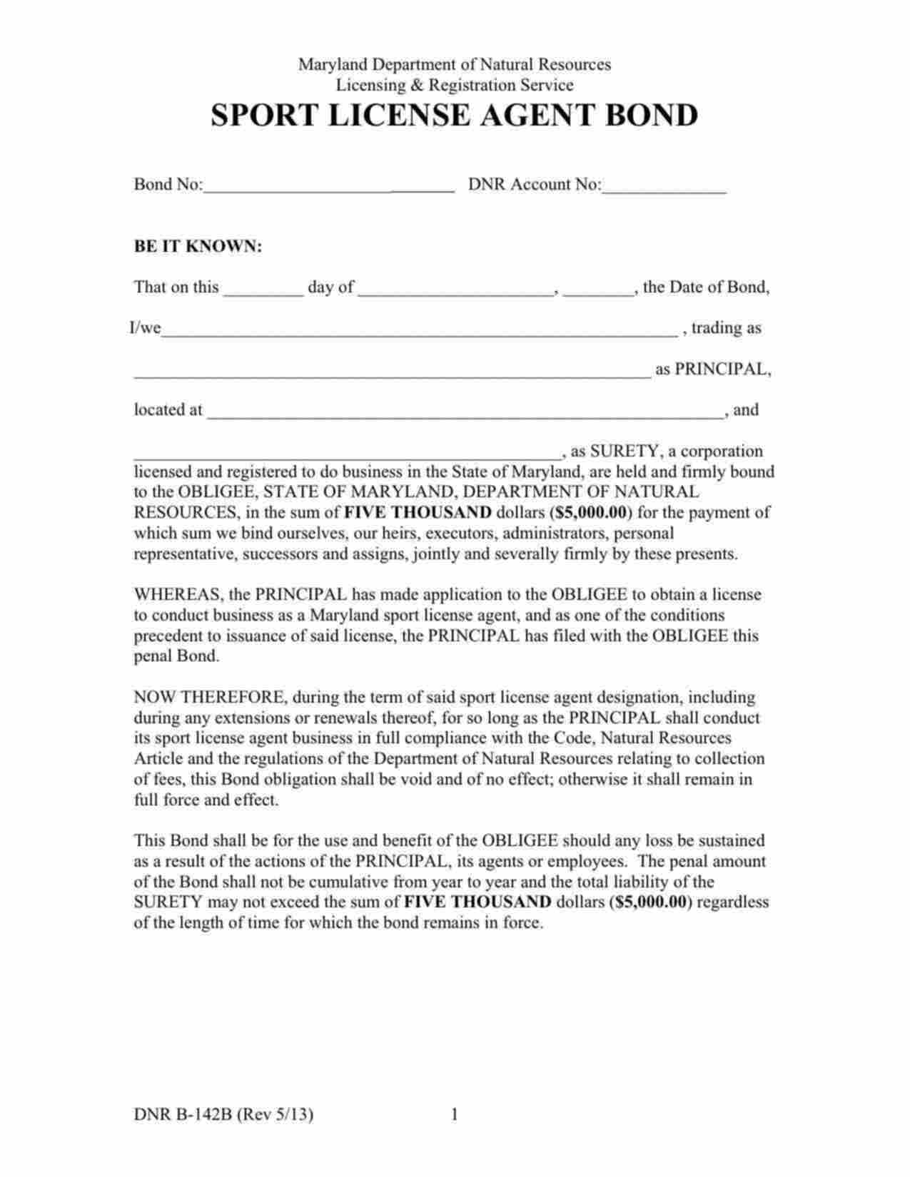 Maryland Sport License Agent Bond Form