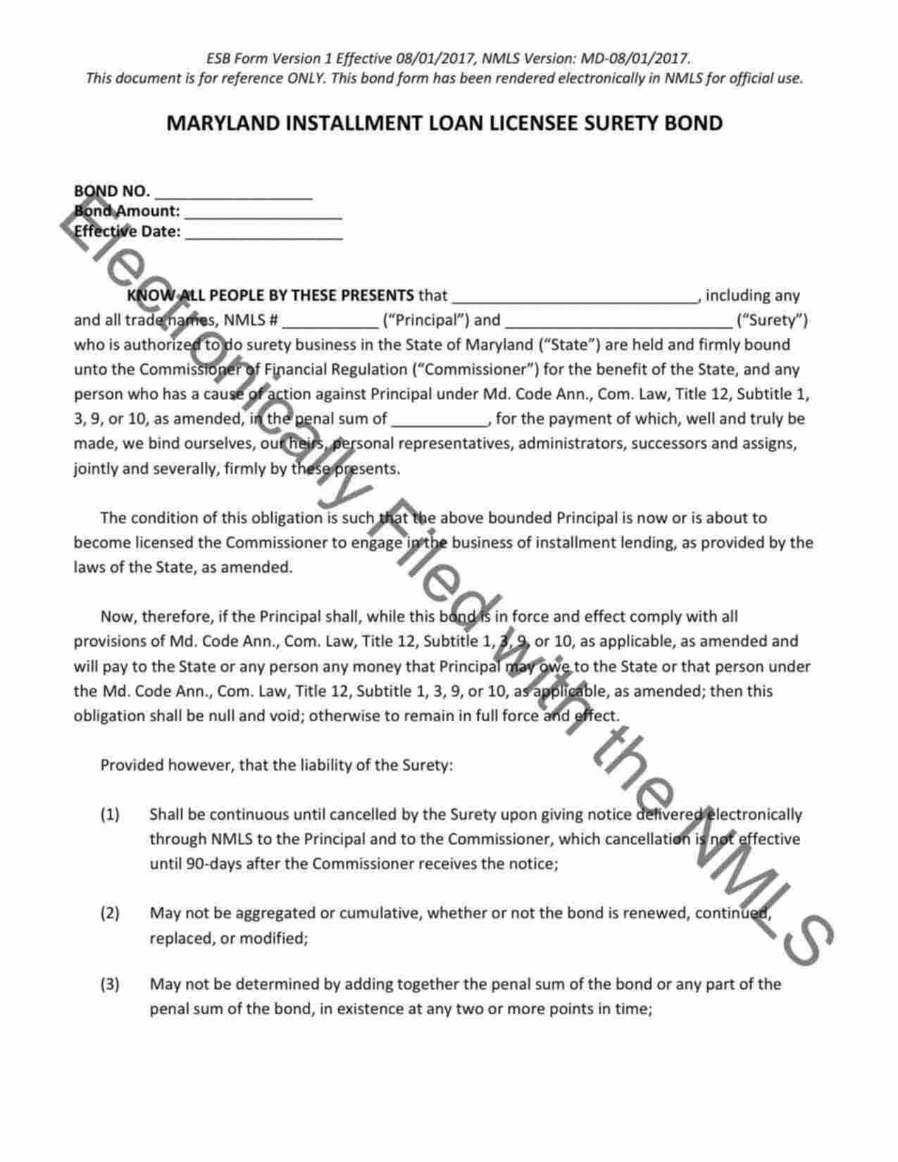 Maryland Installment Loan Licensee Bond Form