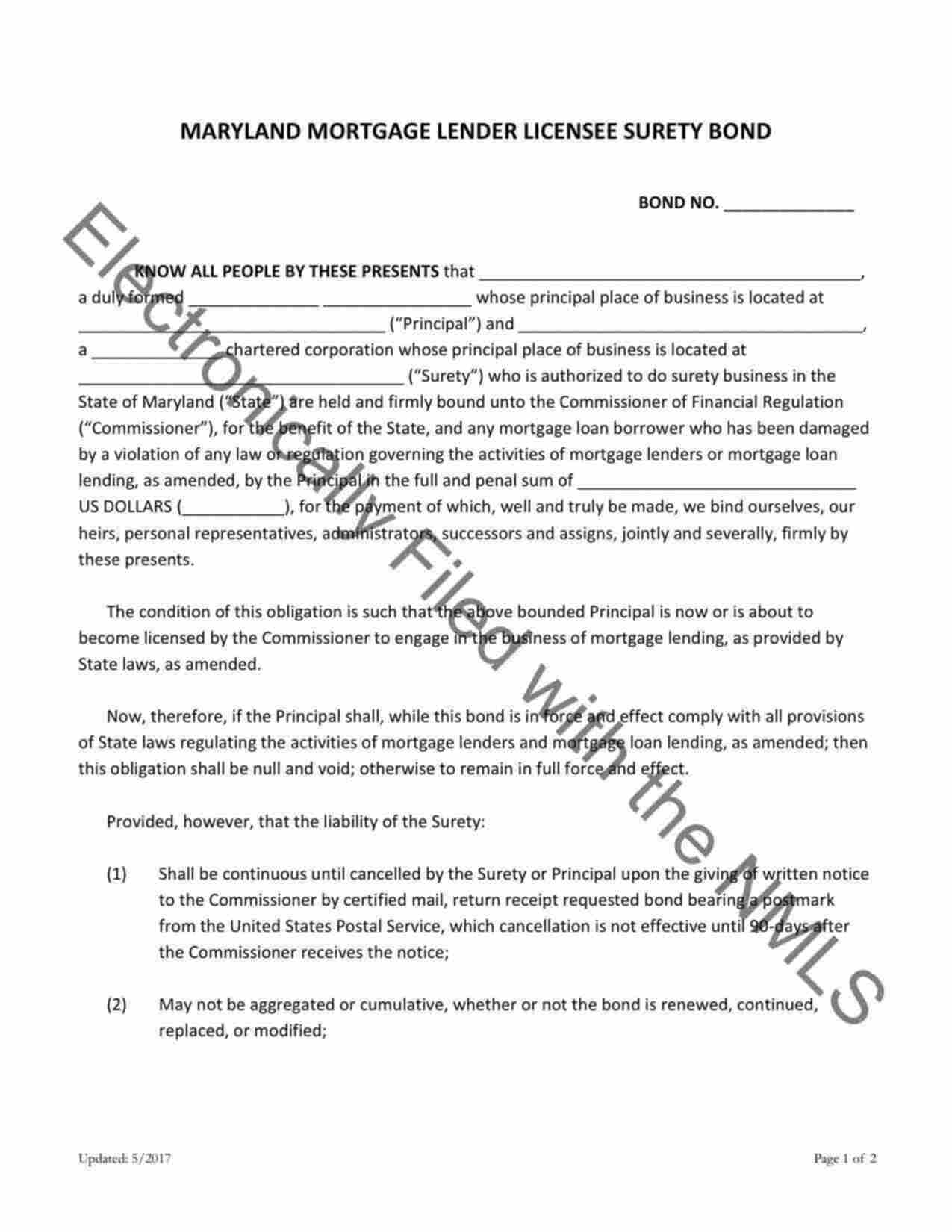 Maryland Mortgage Lender Bond Form