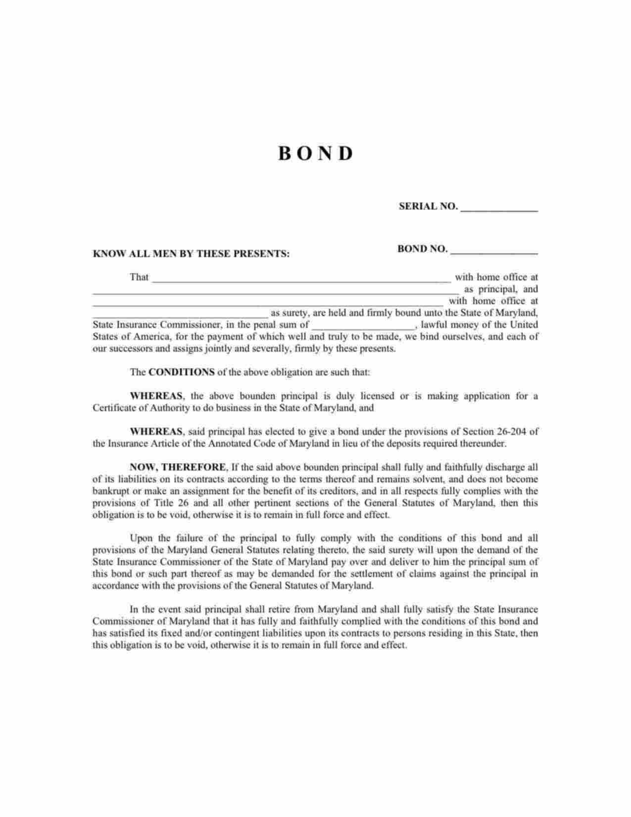 Maryland Motor Club Deposit Bond Form