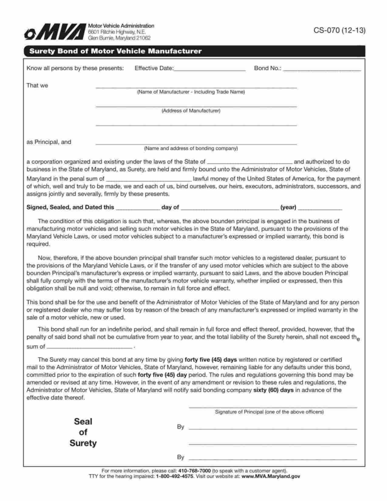 Maryland Motor Vehicle Manufacturer Bond Form