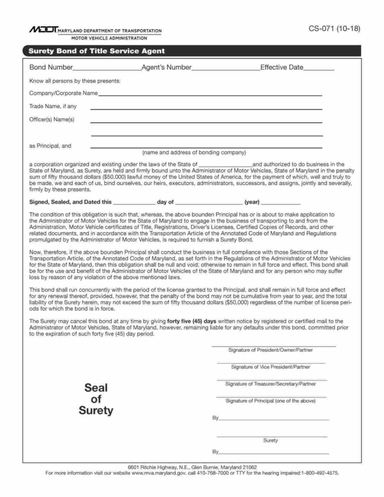 Maryland Motor Vehicle Title Service Agent Bond Form