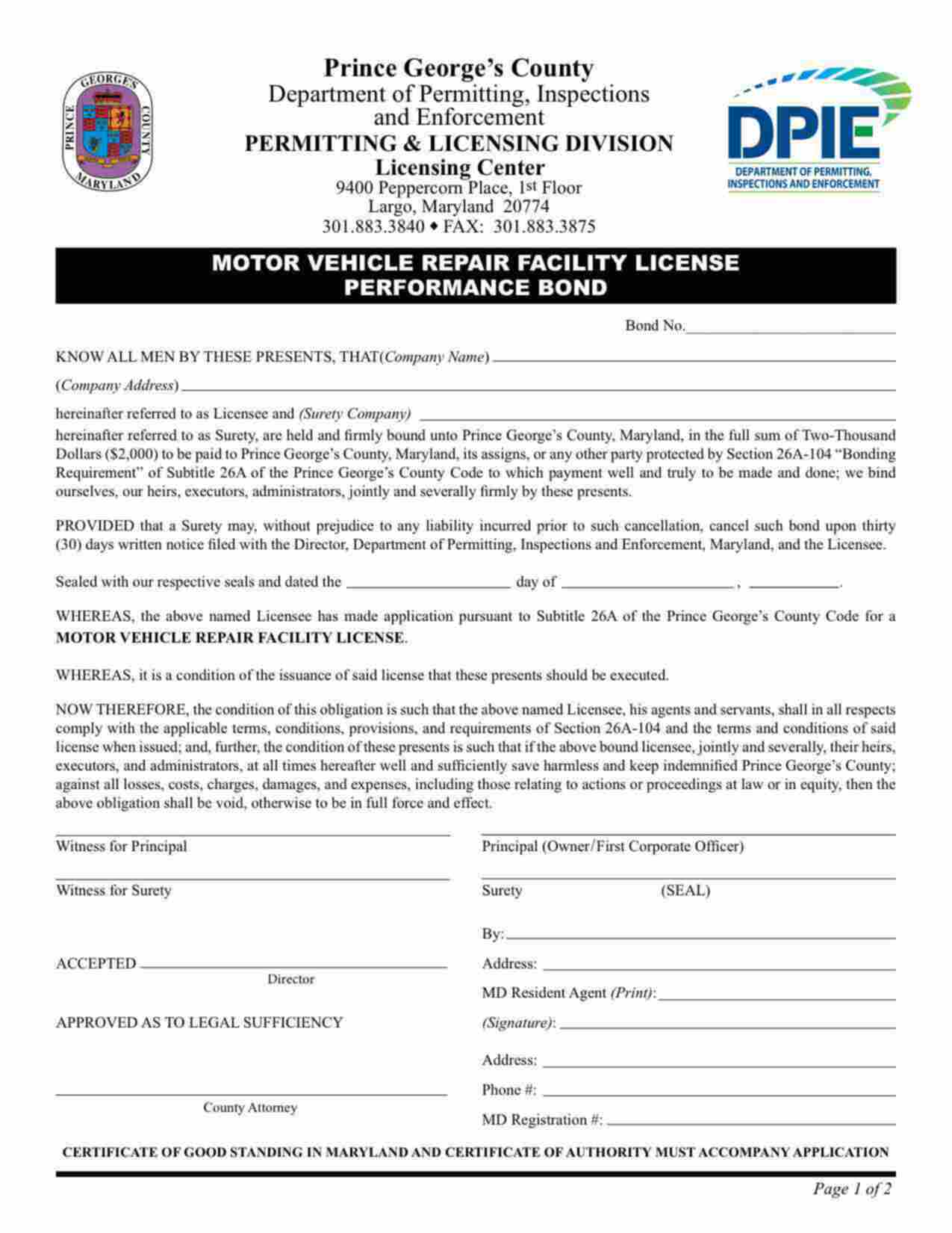 Maryland Motor Vehicle Repair Facility Bond Form