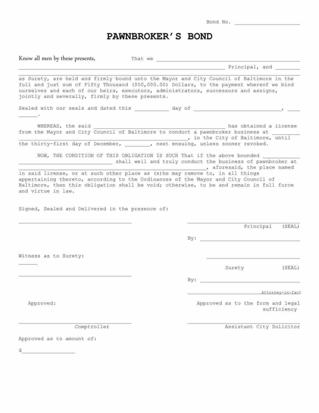 Maryland Pawnbroker Bond Form