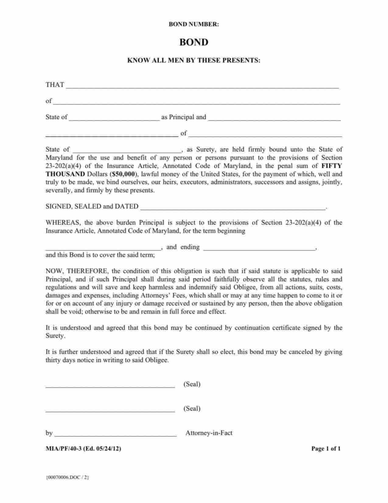 Maryland Premium Finance Company Bond Form