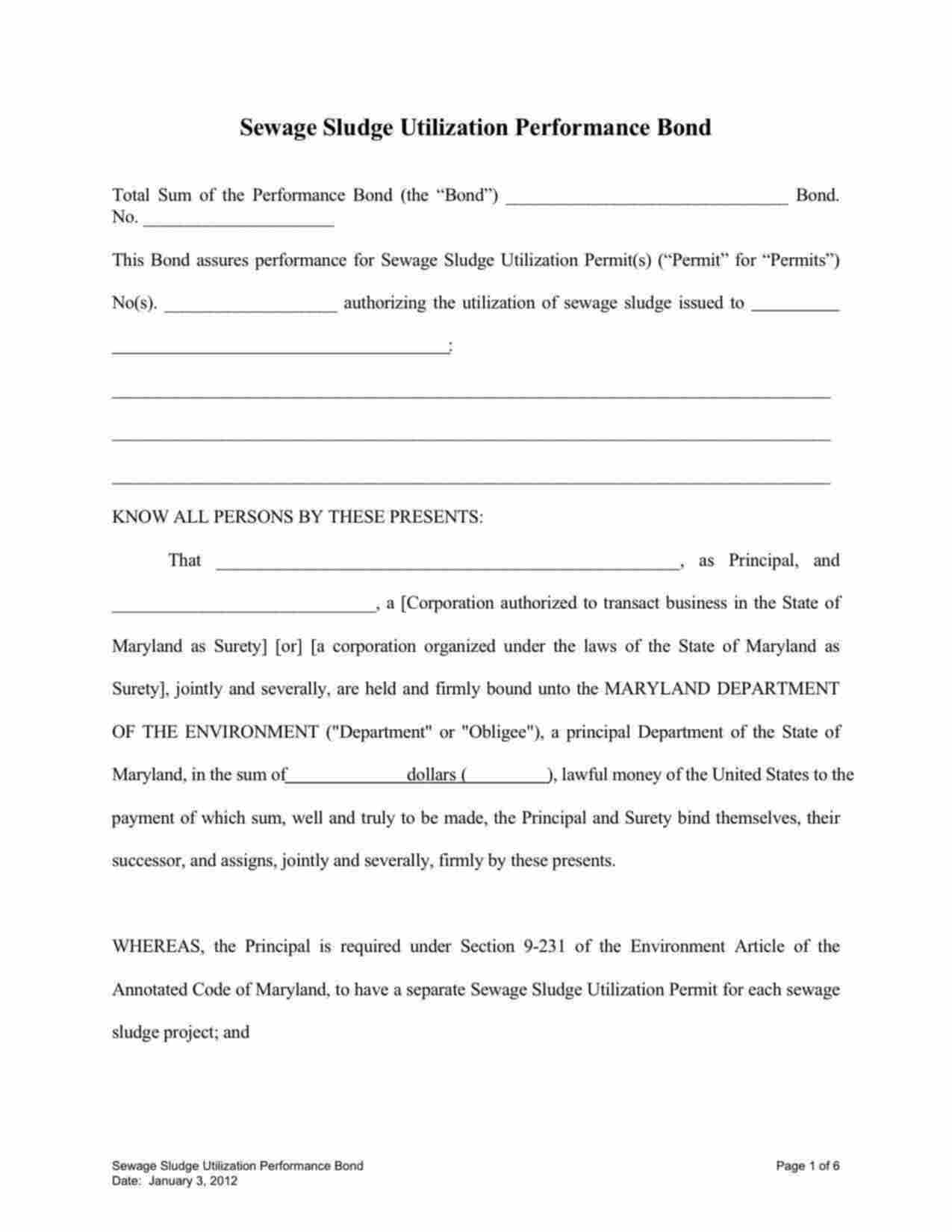 Maryland Sewage Sludge Utilization Performance Bond Form