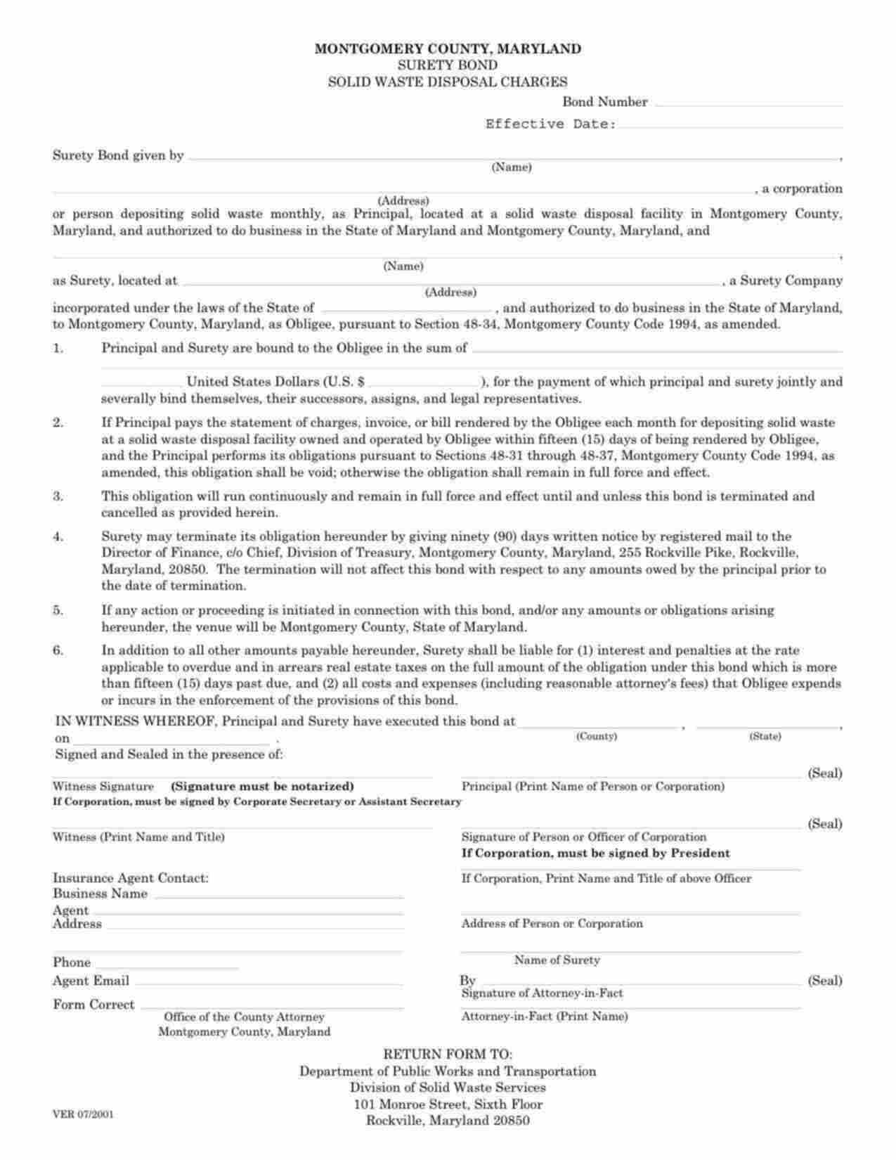 Maryland Solid Waste Disposal Charges Bond Form